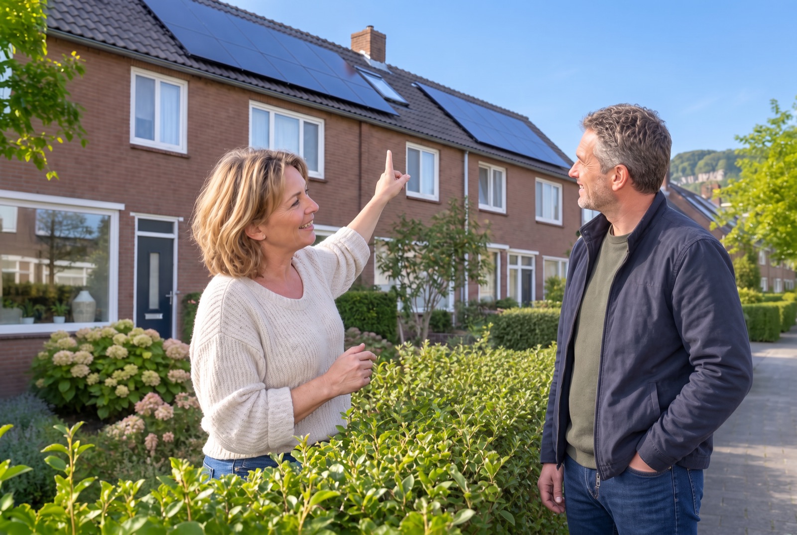 Buurvrouw wijst haar buurman op de zonnepanelen op haar dak